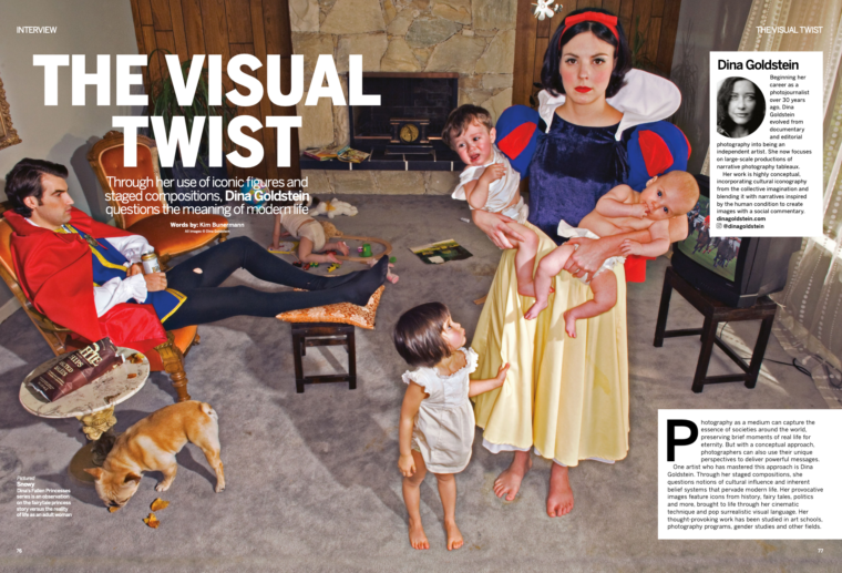 Page 1 Article in Digital Photography September 2023 magazine featuring photographer Dina Goldstein in an article The Visual Twist.